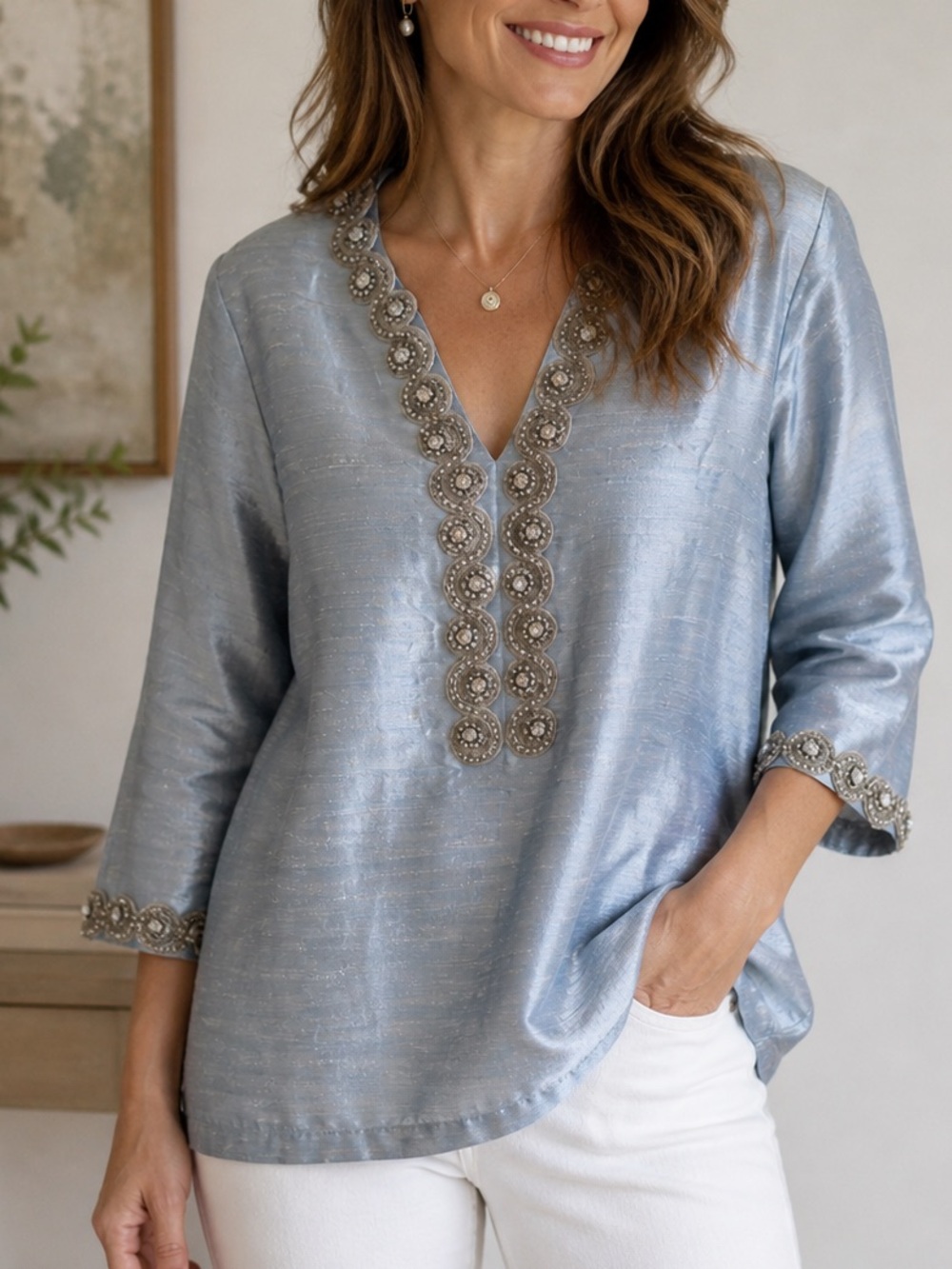 Linen sea foam Blue Tunic Top M EUC